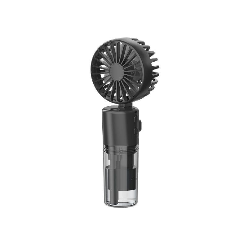 Portable mini spray fan with 4-speed wind settings and nano mist function in pink, purple, white, and black colors.
