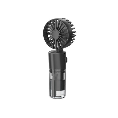 Portable mini spray fan with 4-speed wind settings and nano mist function in pink, purple, white, and black colors.
