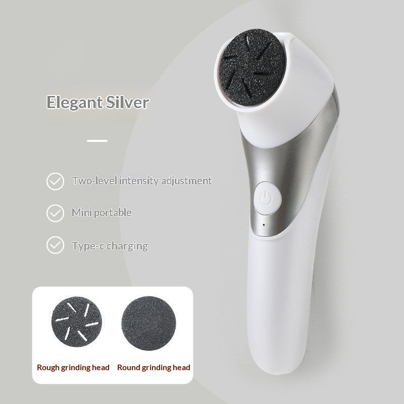 Close-up inset showing the Electric Foot Grinder in action, labeled 'Thoughtful Experience in the Details', highlighting Type-C charging and the one-click switch.