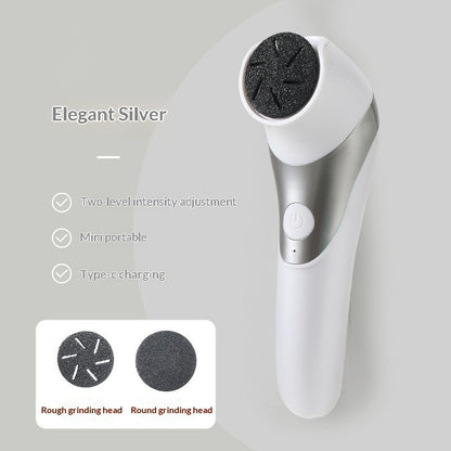 Close-up inset showing the Electric Foot Grinder in action, labeled 'Thoughtful Experience in the Details', highlighting Type-C charging and the one-click switch.