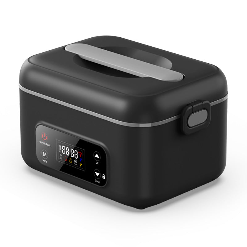 Infographic image showing features of the Smart Wireless Electric Lunch Box, grey color, with removable 304 stainless steel liner, scheduled heating function, and packing list.