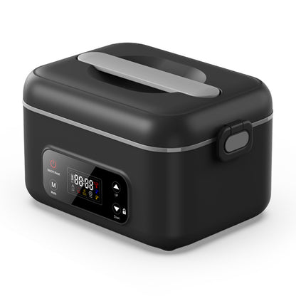 Infographic image showing features of the Smart Wireless Electric Lunch Box, grey color, with removable 304 stainless steel liner, scheduled heating function, and packing list.