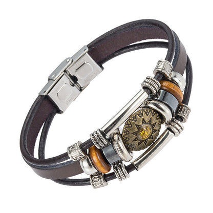 Vintage brown leather flower bracelet for men and women
