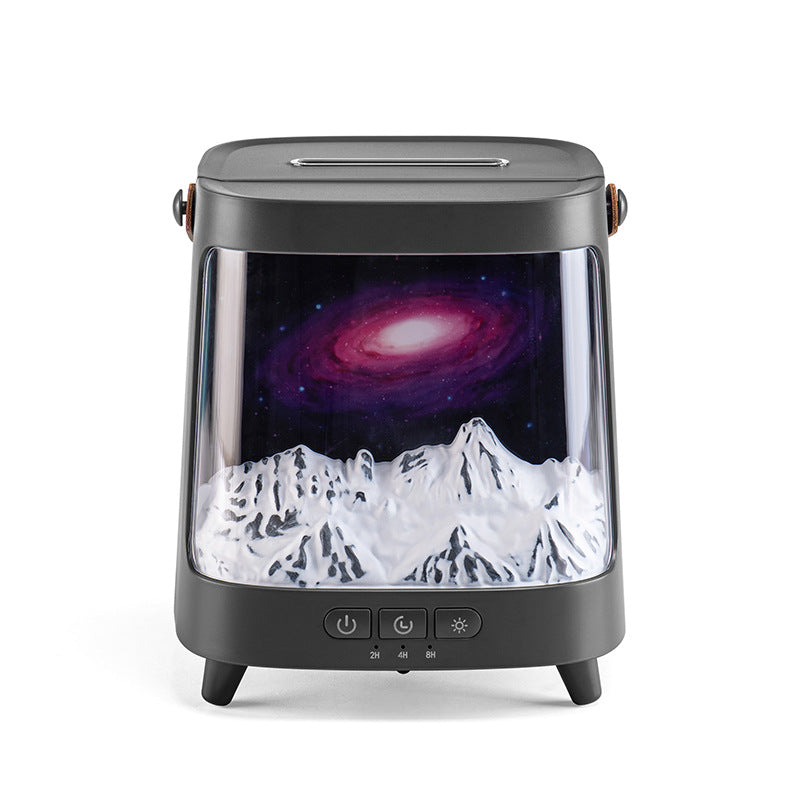 Planetary and Galactic style essential oil aromatherapy humidifier with colorful flame light, 200ML capacity.
