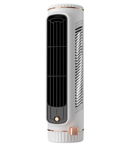 Portable white and beige cross-flow desktop tower fan shown standing vertically and lying horizontally for indoor and outdoor camping use.
