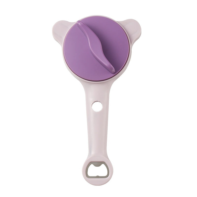 Multi-function bottle and jar lid opener with effort-saving lever handle in purple