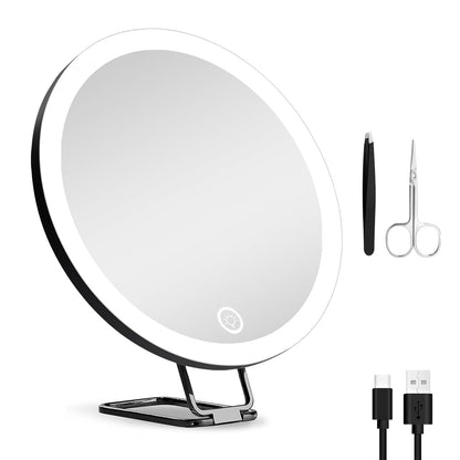 30X Magnifying Makeup Mirror with LED light, white color, with 1000mAh rechargeable battery, 3 dimmable lighting colors, and 360-degree adjustable stand.