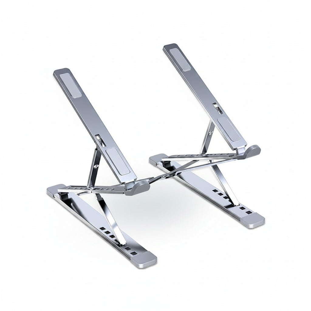 nfrared graphic presentation of an adjustable aluminum laptop stand, showing multiple height and angle levels, dimensions, portability with carrying bag, and compatible device sizes.
