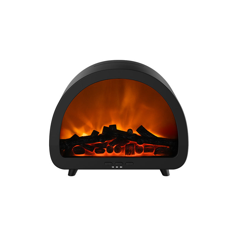 Product infographic showing the Fireplace Aroma Diffuser in white and black, featuring warm LED flame effects, product packaging, and dimensions (215x112x183mm).