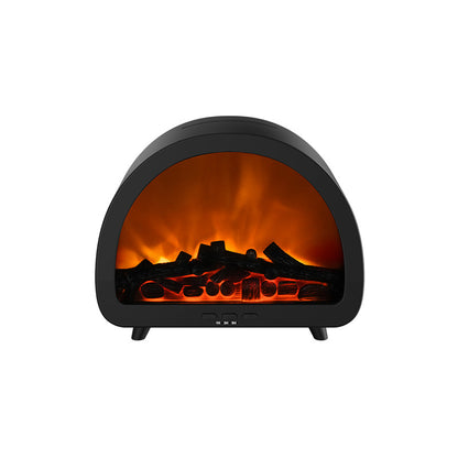 Product infographic showing the Fireplace Aroma Diffuser in white and black, featuring warm LED flame effects, product packaging, and dimensions (215x112x183mm).