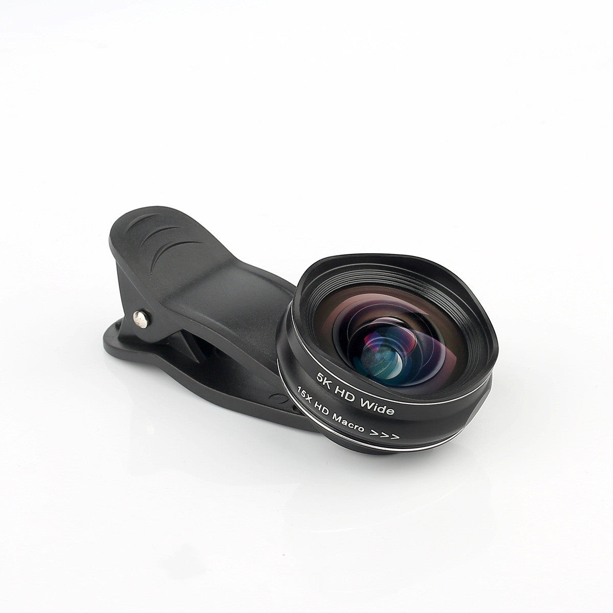 Infrared graphic presentation of the 5K HD Wide-Angle Macro Phone Lens in black and rose gold, showing the clip-on module with imported German Schott optical glass and aviation aluminum alloy shell, and technical specifications.