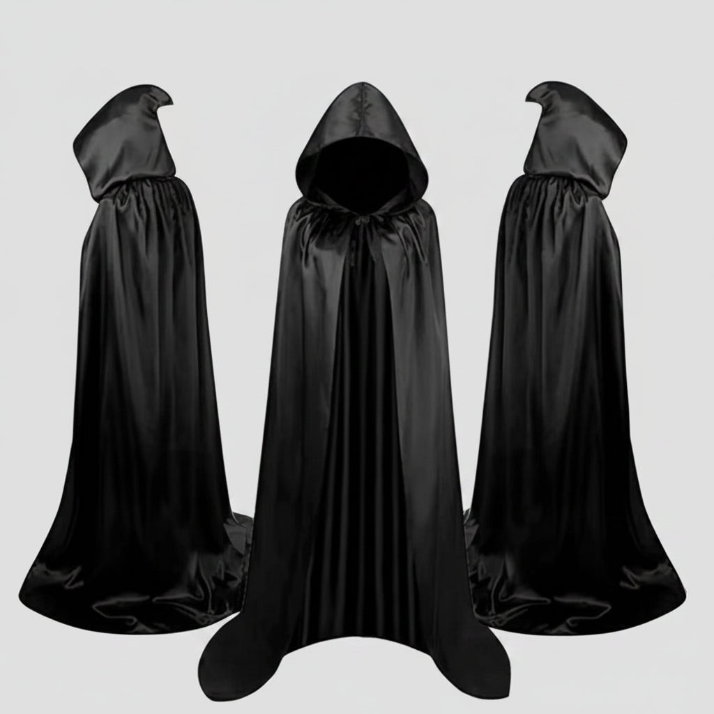 Unisex satin hooded cape cloak in black, purple and gold for Halloween costumes and cosplay