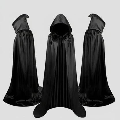 Unisex satin hooded cape cloak in black, purple and gold for Halloween costumes and cosplay