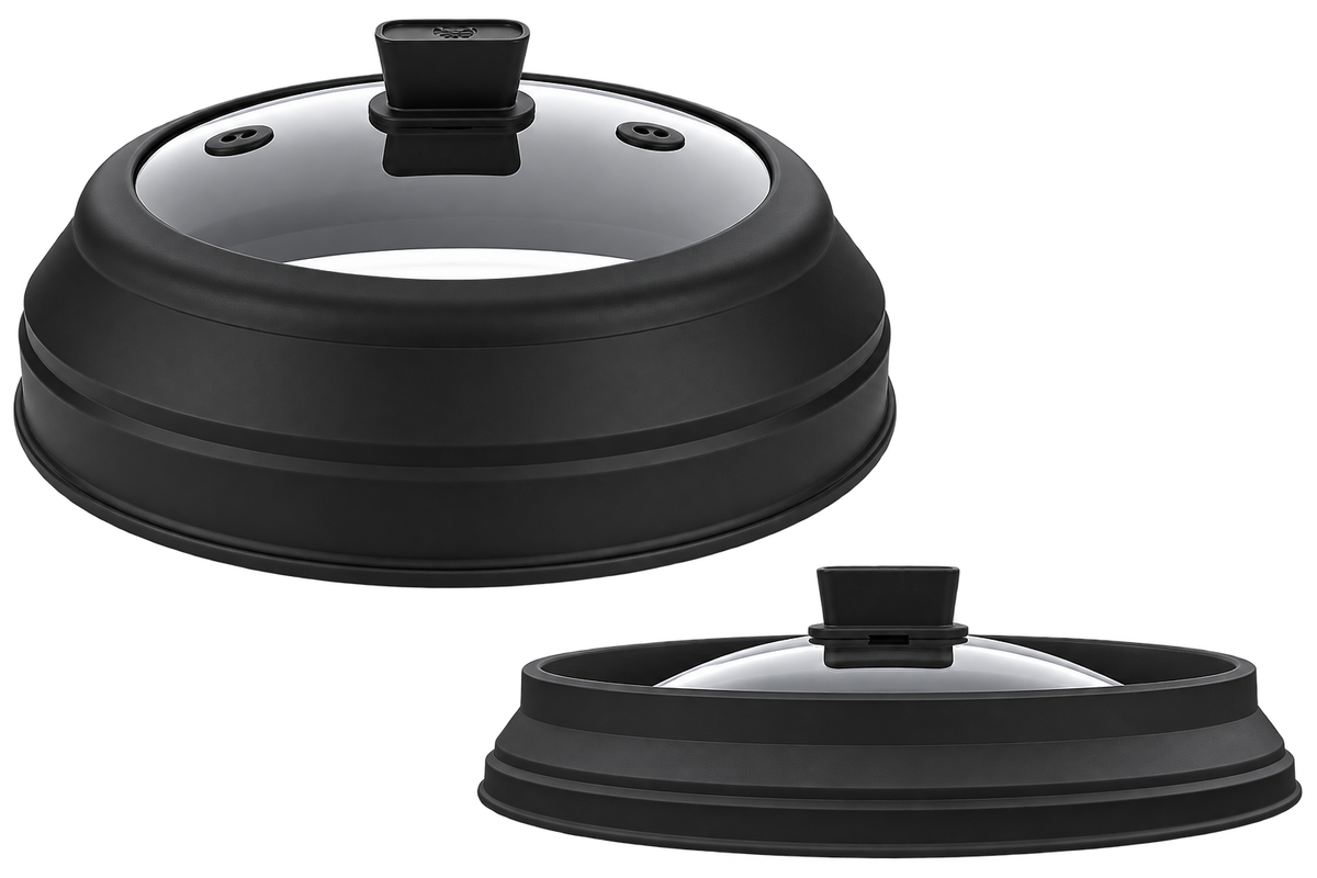 Folding silicone pot lid with tempered glass, non-slip design and heat-resistant cover