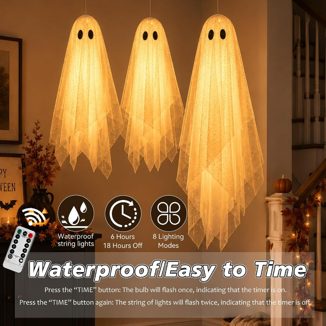 A picture of three assembled sequined mesh hanging ghosts with internal lights turned on, emitting a warm yellow glow. Below the ghosts, feature icons explain the lights are Waterproof, include a 6-hour on / 18-hour off timer, and have 8 lighting modes with a remote control.