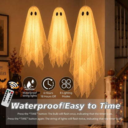 A picture of three assembled sequined mesh hanging ghosts with internal lights turned on, emitting a warm yellow glow. Below the ghosts, feature icons explain the lights are Waterproof, include a 6-hour on / 18-hour off timer, and have 8 lighting modes with a remote control.