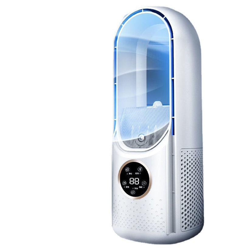 White and blue desktop bladeless cooling fan with built-in air humidifier, ambient light, and digital display.
