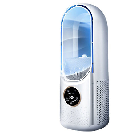 White and blue desktop bladeless cooling fan with built-in air humidifier, ambient light, and digital display.
