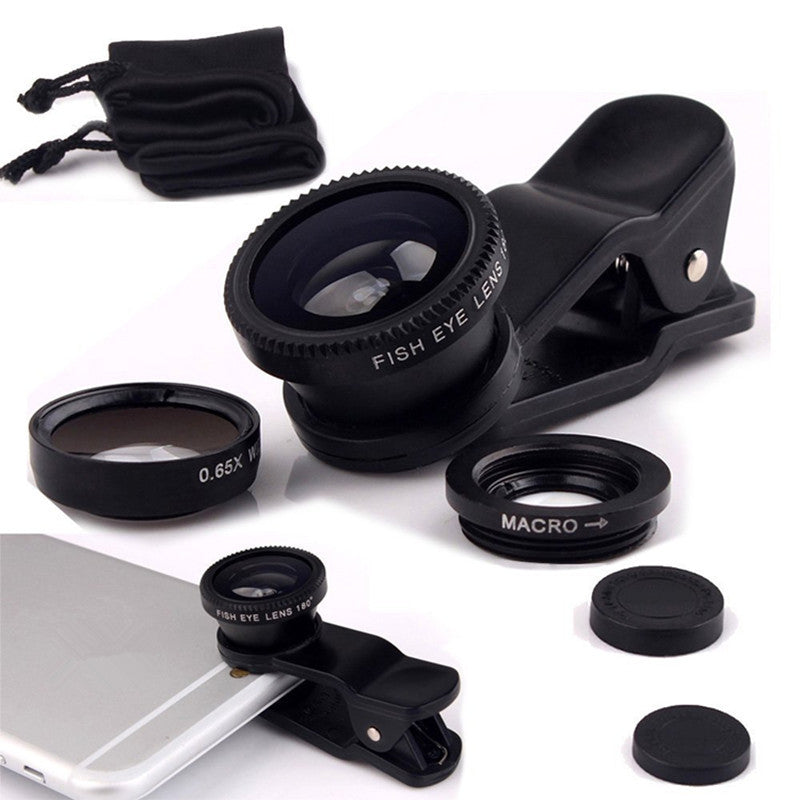 nfrared graphic presentation of a black 3-in-1 universal smartphone camera lens kit, showing the 180-degree Fisheye lens attached to a phone clip, detached Macro and Wide Angle lens elements with text labels, a black storage pouch, and technical dimension callouts.