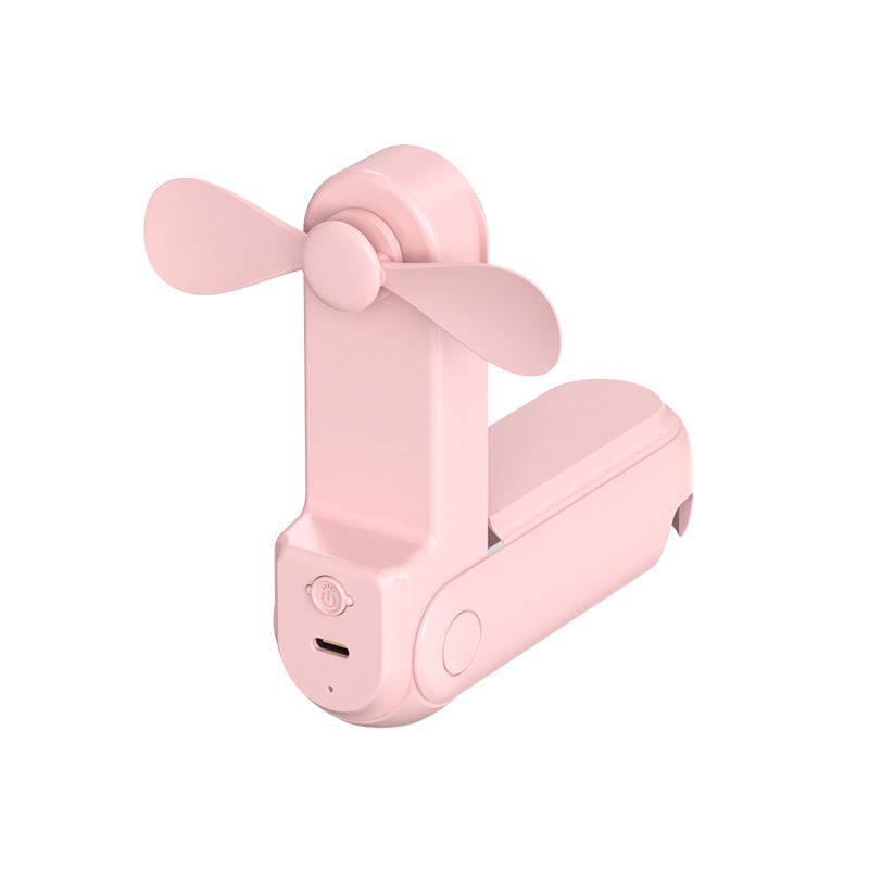 Compact 3-in-1 portable folding mini fan with built-in makeup mirror and 3 speed settings available in white, pink, and green.