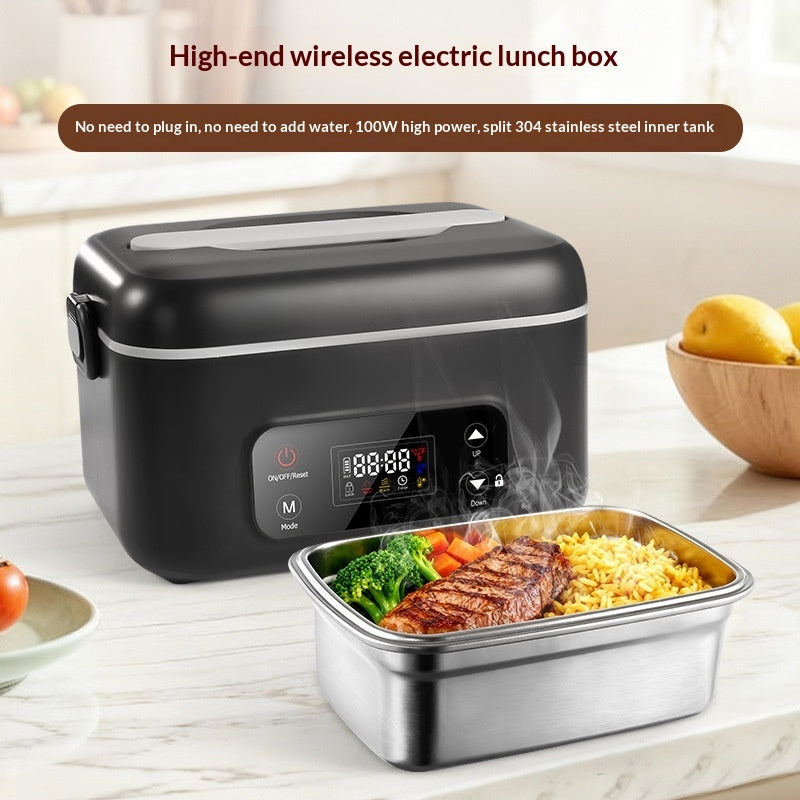 Infographic image showing features of the Smart Wireless Electric Lunch Box, grey color, with removable 304 stainless steel liner, scheduled heating function, and packing list.