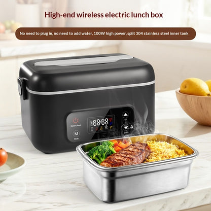 Infographic image showing features of the Smart Wireless Electric Lunch Box, grey color, with removable 304 stainless steel liner, scheduled heating function, and packing list.