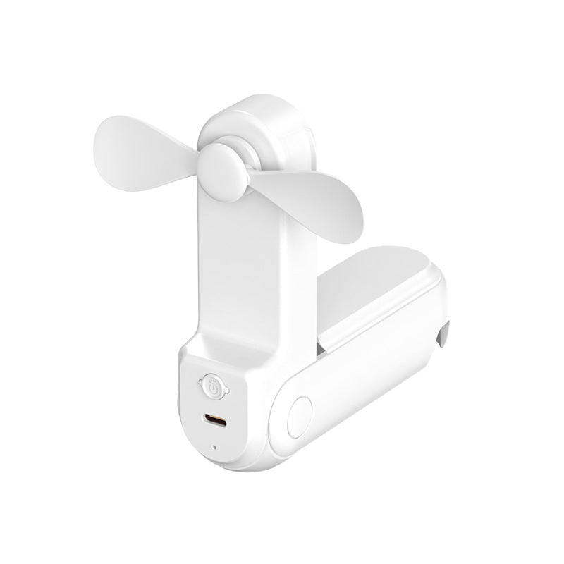 Compact 3-in-1 portable folding mini fan with built-in makeup mirror and 3 speed settings available in white, pink, and green.
