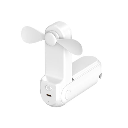 Compact 3-in-1 portable folding mini fan with built-in makeup mirror and 3 speed settings available in white, pink, and green.
