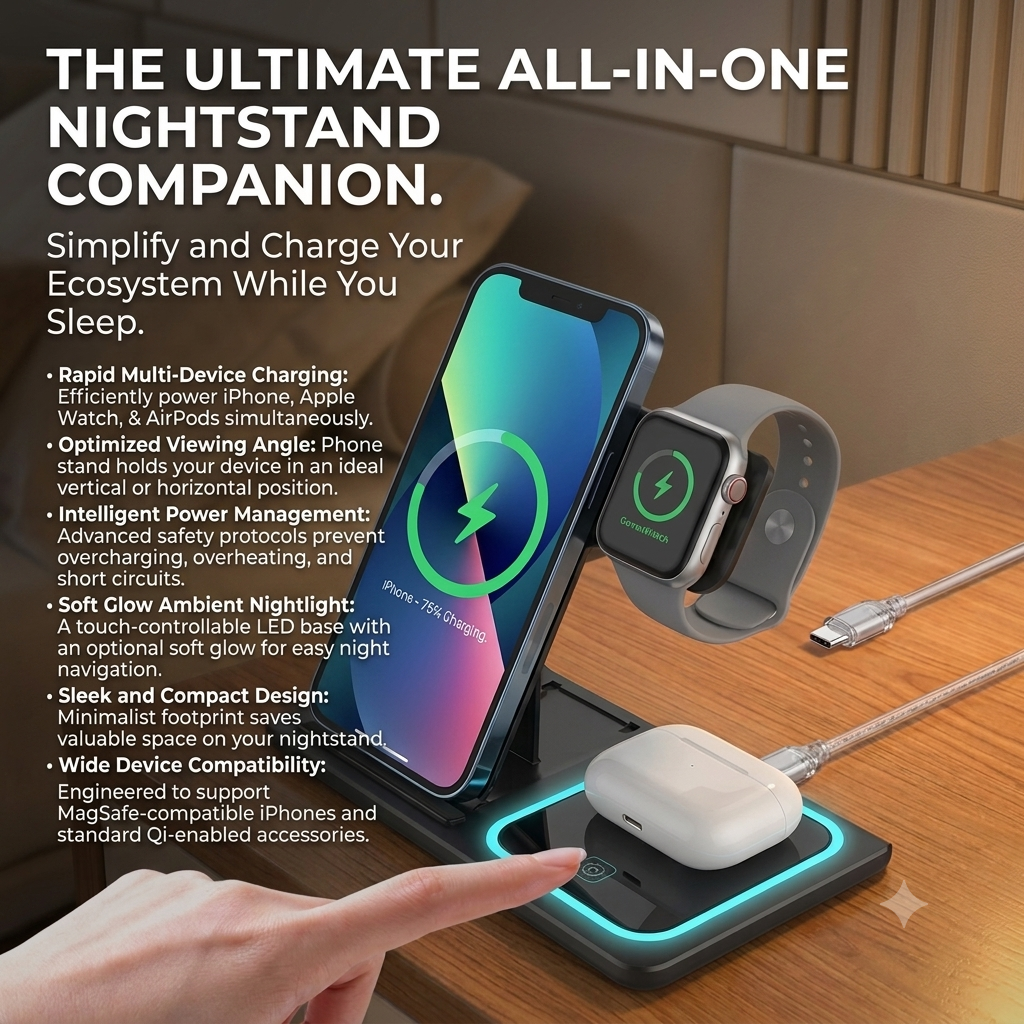 All-In-One 3-in-1 Wireless Charging Station: Fast Bedside Charging Dock for iPhone, Apple Watch & AirPods with Touch LED Nightlight Wireless Charger Electrical Foldable Double Wire Ambience Light Mobile Phone Wireless Charger Wireless Charger