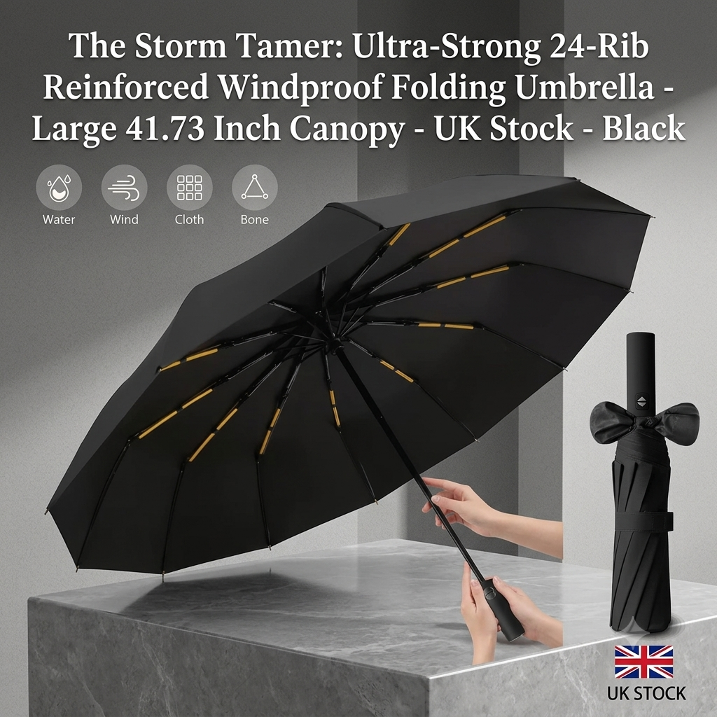 Heavy-duty 24-rib windproof umbrella product banner with rain background⁠