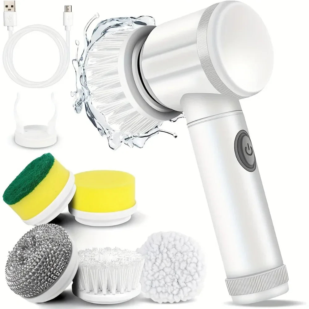 White cordless electric spin scrubber brush set with 5 interchangeable heads and USB charging cable.
