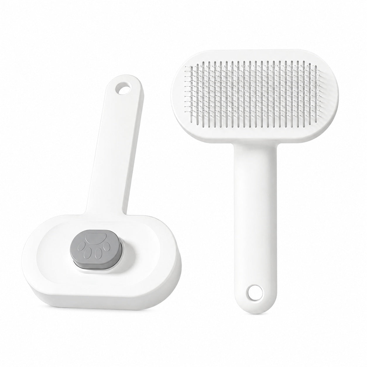 White self-cleaning pet grooming brush with quick-release button for cats and dogs.
