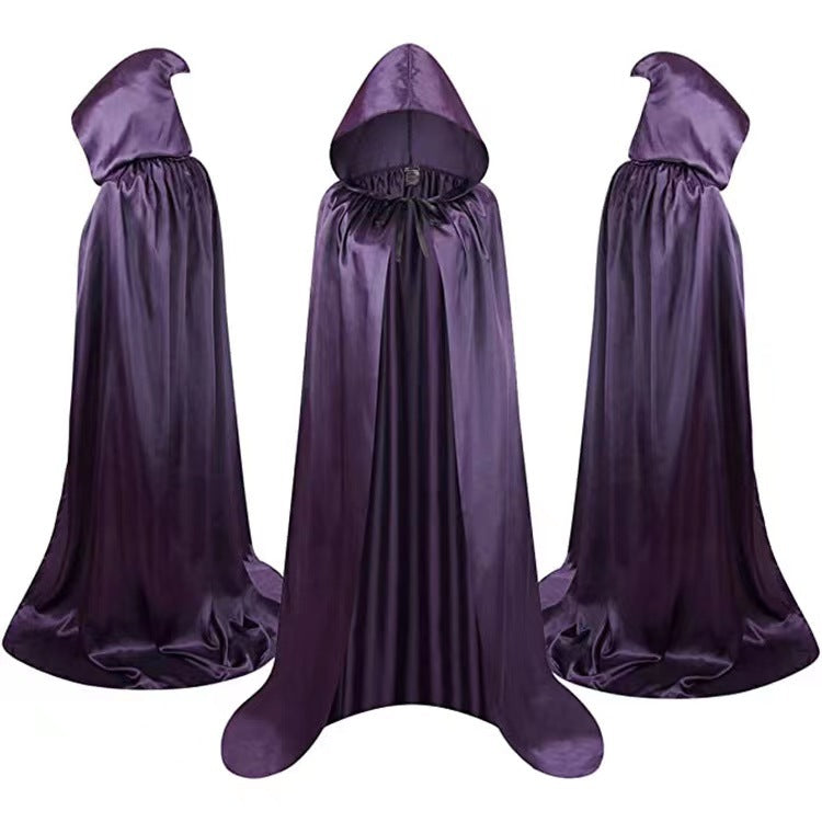 Unisex satin hooded cape cloak in black, purple and gold for Halloween costumes and cosplay
