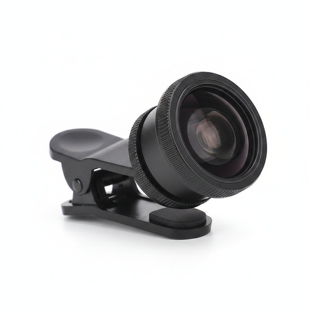 Infrared graphic presentation of a black 3-in-1 universal smartphone camera lens kit, showing the 180-degree Fisheye lens attached to a phone clip, detached Macro and Wide Angle lens elements with text labels, a black storage pouch, and technical dimension callouts.
