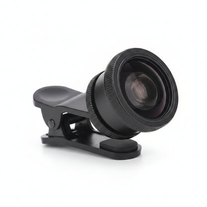 Infrared graphic presentation of a black 3-in-1 universal smartphone camera lens kit, showing the 180-degree Fisheye lens attached to a phone clip, detached Macro and Wide Angle lens elements with text labels, a black storage pouch, and technical dimension callouts.
