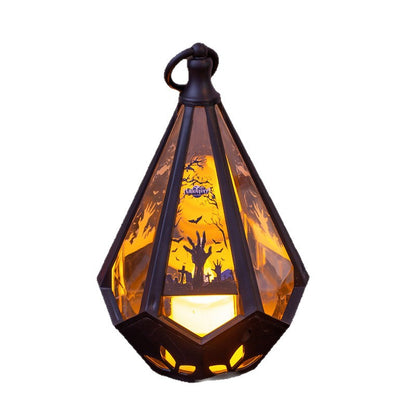 Decorative Halloween diamond lanterns with warm flameless LED light featuring witch, pumpkin, zombie hand, and haunted house designs.
