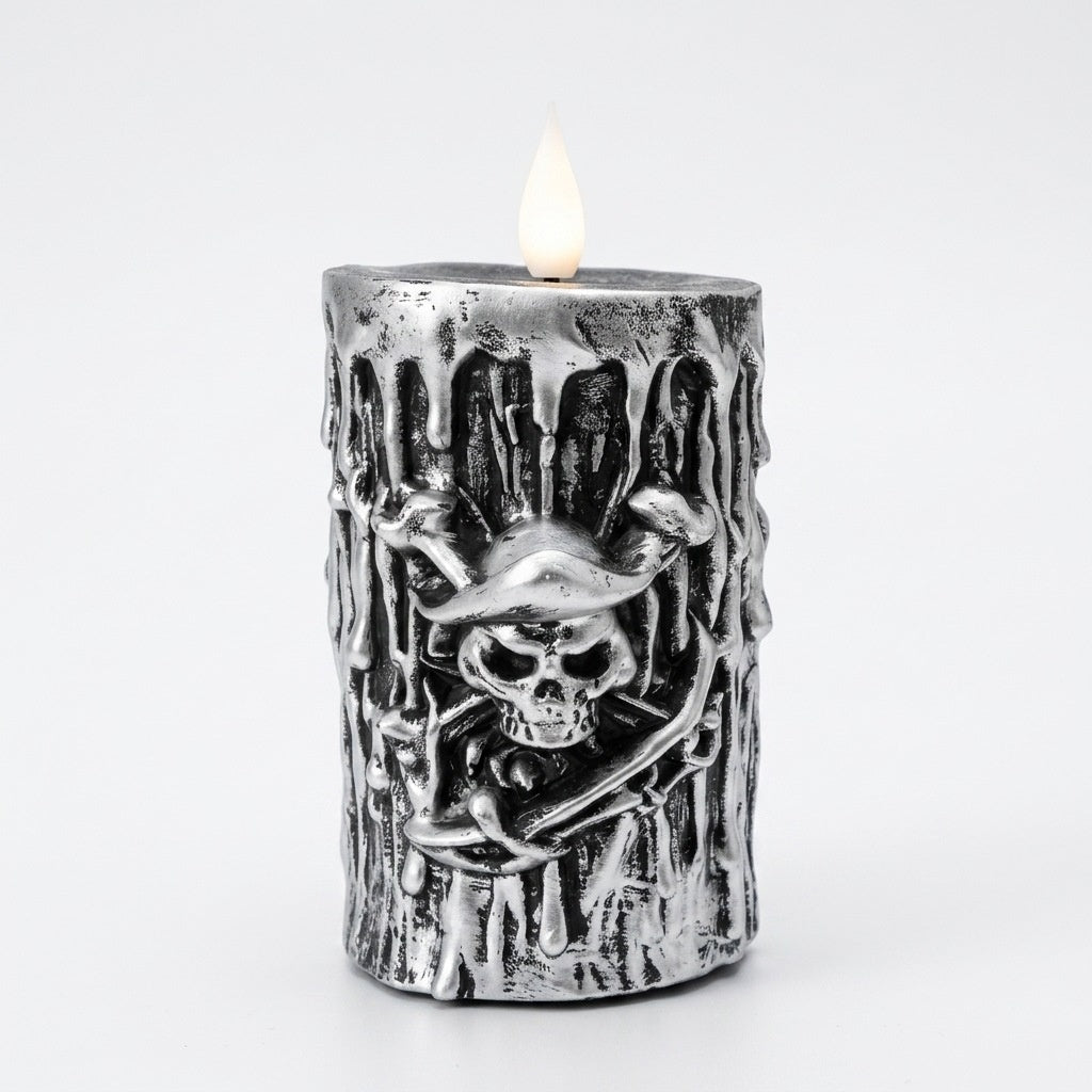 Halloween Skeleton Pirate electronic candle with LED light and antique silver 3D resin sculpture
