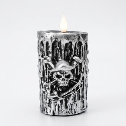 Halloween Skeleton Pirate electronic candle with LED light and antique silver 3D resin sculpture
