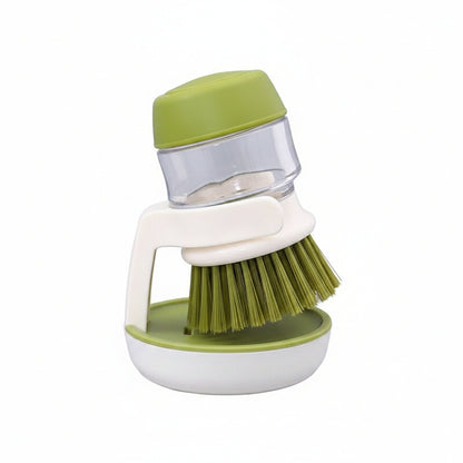 Soap dispensing dish brush with storage stand for cleaning pots, pans, dishes and sinks
