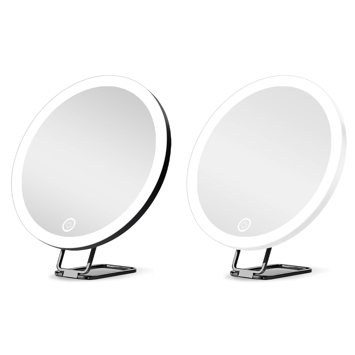 30X Magnifying Makeup Mirror with LED light, white color, with 1000mAh rechargeable battery, 3 dimmable lighting colors, and 360-degree adjustable stand.

