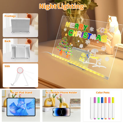 Glowing transparent LED acrylic drawing and message board with USB light and marker pen