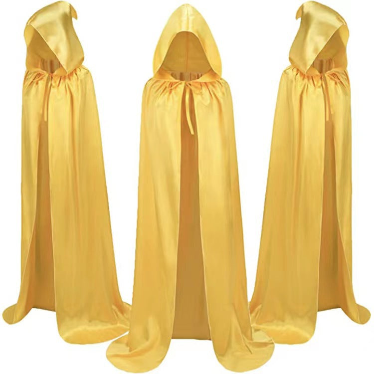 Unisex satin hooded cape cloak in black, purple and gold for Halloween costumes and cosplay
