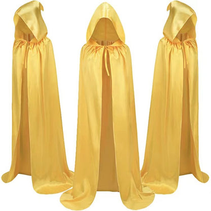 Unisex satin hooded cape cloak in black, purple and gold for Halloween costumes and cosplay
