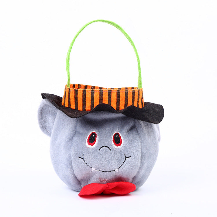 Cute Halloween plush candy bags in witch, pumpkin, vampire, ghost, and black cat designs for trick-or-treating.
